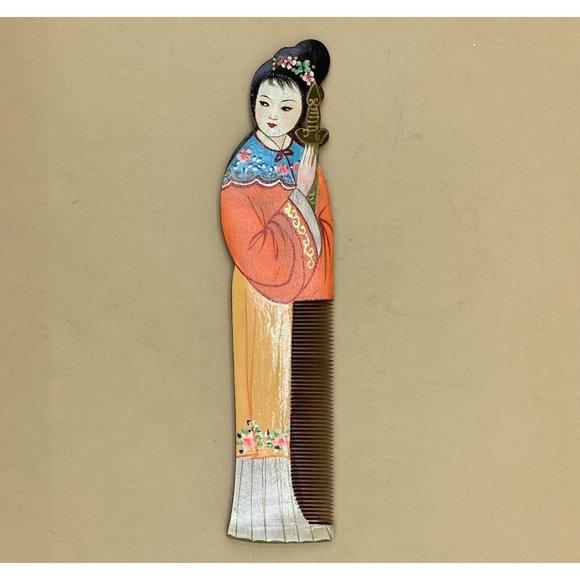 Vintage Gong Shu Ming Style Hand Painted Geisha Wooden Comb - Picture 2 of 6